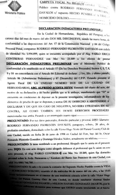 Rodrigo Florentín declara que actuó en legítima defensa ante la Fiscalía