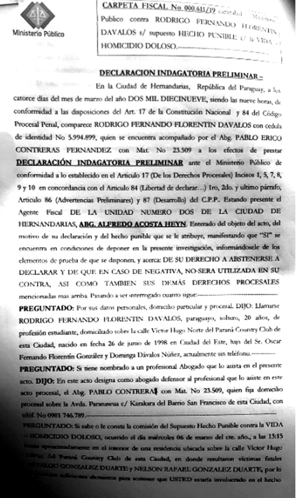 Rodrigo Florentín declara que actuó en legítima defensa ante la Fiscalía