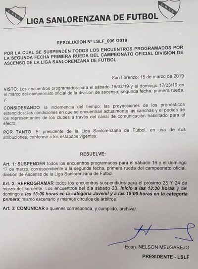 LSLF: Suspenden todos los partidos de mañana y domingo | San Lorenzo Py