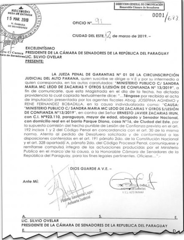 Otro pedido de desafuero de Zacarías Irún está en Senado - Edicion Impresa - ABC Color