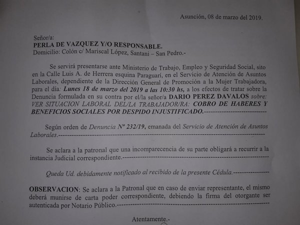 Exempleado denuncia a Perla de Vázquez por despido injustificado