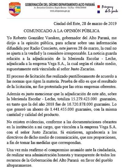 Gobernador ataca y dice que “no sabía” que ganadora de licitación es de Lucho Zacarías