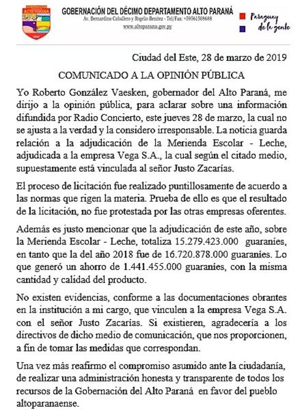 Gobernador ataca y dice que “no sabía” que ganadora de licitación es de Lucho Zacarías
