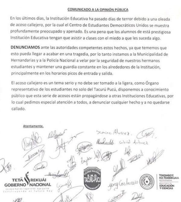 Alumnos denuncian oleada de acoso callejero alrededor de colegio de Hernandarias