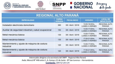 SNPP iniciará cursos