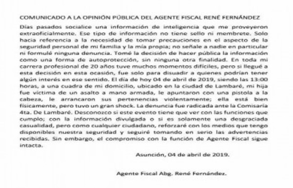 Fiscal denuncia reciente asalto a su hija y afirma que reforzará seguridad de su familia  - Radio 1000 AM