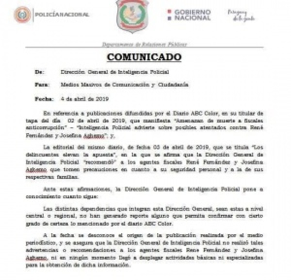 Policía desmiente informe de “inteligencia” sobre amenaza a integrantes de la Fiscalía - ADN Paraguayo