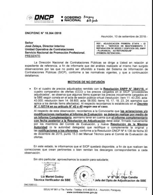 La DNCP inhabilitó a empresa adjudicada, afirma SNPP - Nacionales - ABC Color