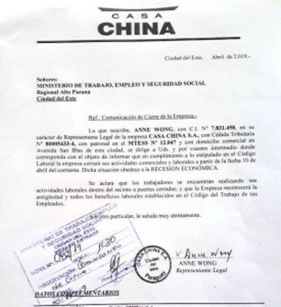 Cierre de casa China deja sin empleo a unos 40 funcionarios - ADN Paraguayo