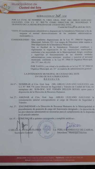 Intendente de Ciudad del Este nombra a nuevo director de Tránsito y seguridad