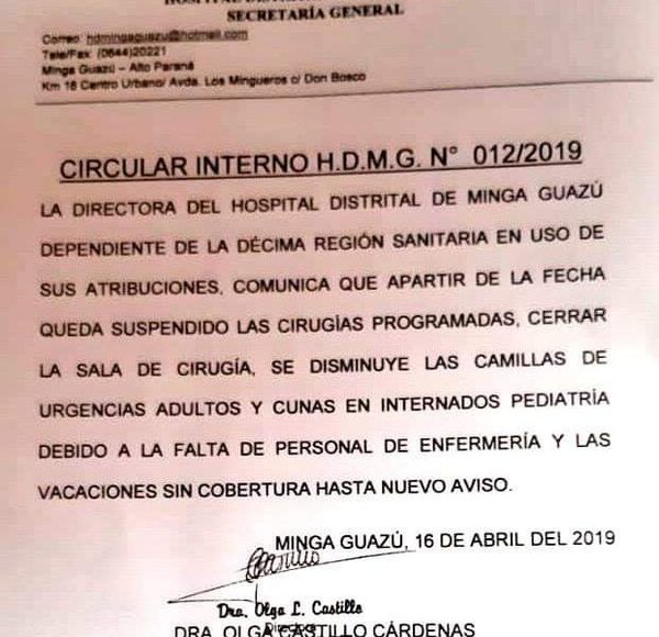 Por falta de personal suspenden servicios en hospital de Minga Guazú