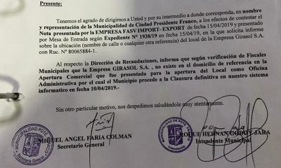 Municipalidad de Franco confirma que Girasol SA dio datos falsos y cancela patente comercial