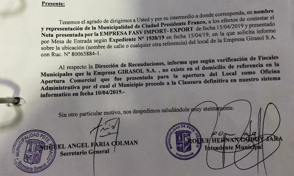 Municipalidad de Franco confirma que Girasol SA dio datos falsos y cancela patente comercial