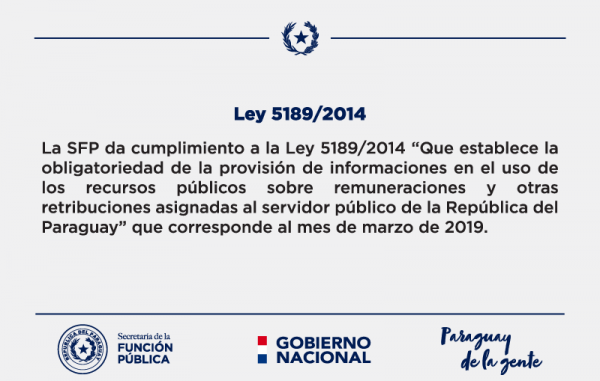 La SFP da cumplimiento a los artículos 3° y 6º de la Ley N° 5189 correspondiente al mes de marzo de 2019