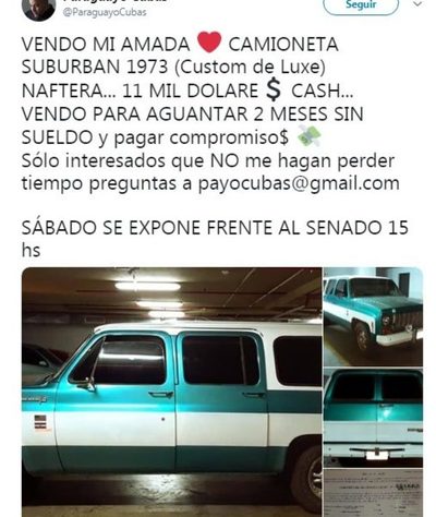 Por suspensión sin sueldo Payo Cubas ofrece camioneta