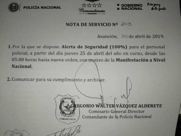 Policía lanza alerta de seguridad para la manifestación