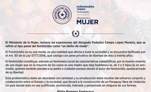 El feminicidio no es una moda, afirma el Ministerio de la mujer | Paraguay en Noticias