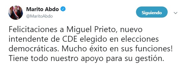 Marito Abdo felicita a nuevo intendente de CDE