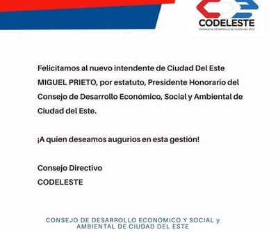CODELESTE saluda a nuevo intendente