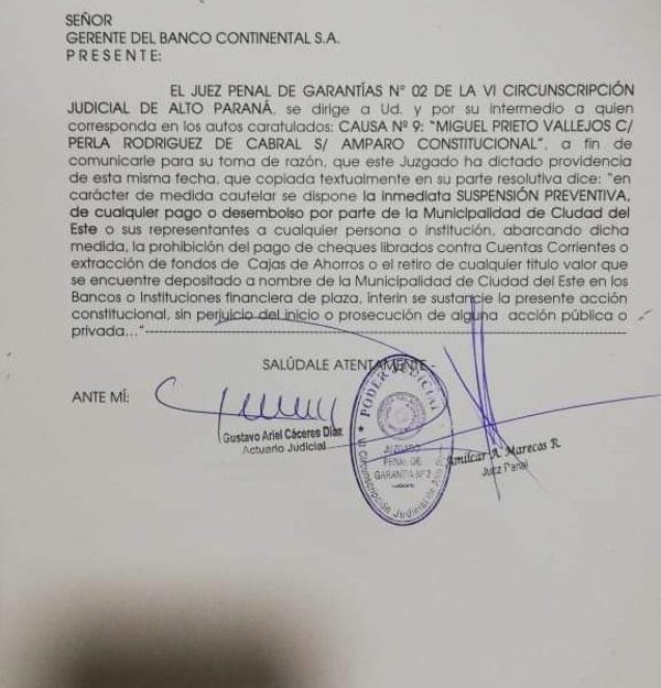Con amparo, Prieto frena desembolsos de la municipalidad de CDE