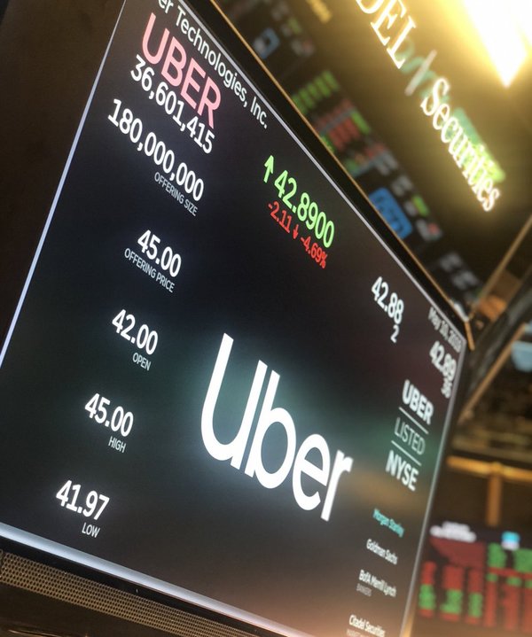 Uber cierra su primer día en bolsa con caída del 7,56%, hasta los 41 dólares