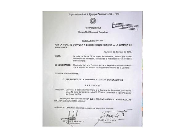 El Senado oficializa llamado para tratar destitución de Víctor Bogado