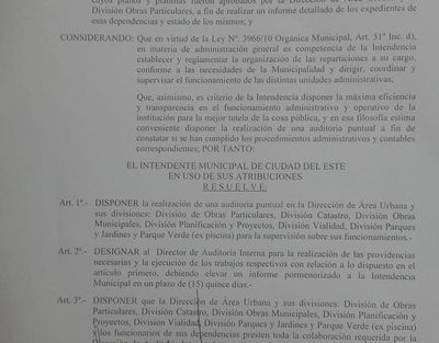 Intendente de CDE dispone auditoría a la Dirección de Área Urbana