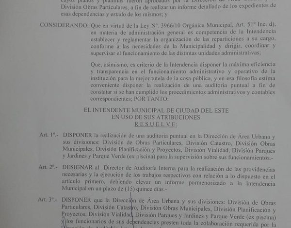 Intendente de CDE dispone auditoría a la Dirección de Área Urbana