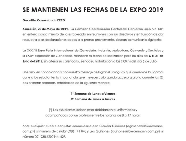Expo 2019 mantiene sus fechas - Radio 1000 AM