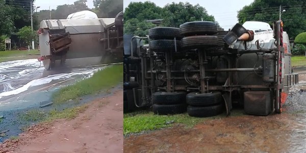 CAMIÓN CISTERNA VUELCA CAMINO AL HOSPITAL NACIONAL DE ITAUGUÁ Y PROVOCA DERRAME DE COMBUSTIBLE