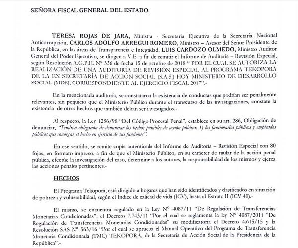Ejecutivo denuncia ante fiscalía irregularidades detectadas en Tekoporã durante 2017 | .::Agencia IP::.