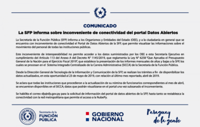 La SFP informa sobre inconveniente de conectividad del portal Datos Abiertos