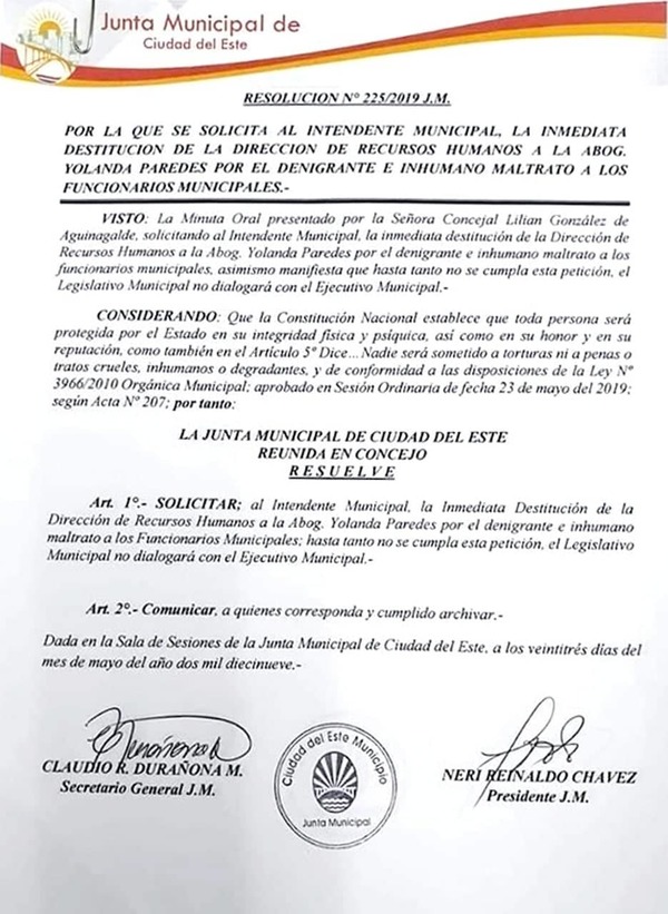 Junta Municipal de CDE pide inmediata destitución de Yolanda Paredes