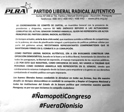 Presidentes de comités del PLRA piden expulsión de Dionisio Amarilla