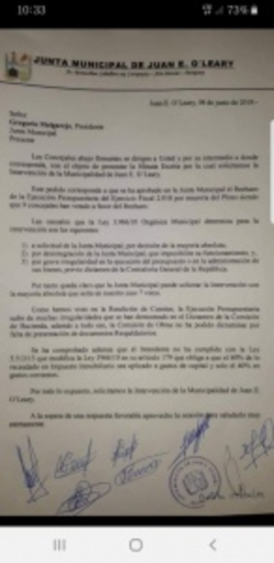 Junta Municipal de Juan E. Oleary aprueba intervención de comuna - ADN Paraguayo