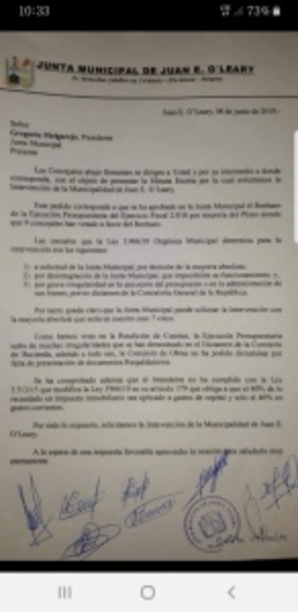 Junta Municipal de Juan E. Oleary aprueba intervención de comuna - ADN Paraguayo
