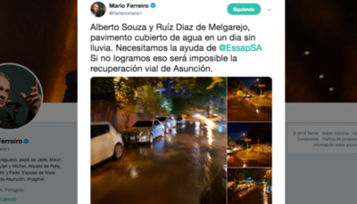 HOY / Ferreiro pide "ayuda" vía Twitter a la Essap por caño roto y le llueven críticas