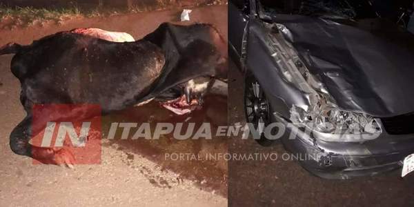 AUTOMÓVIL CHOCÓ CONTRA UNA VACA EN PLENO CENTRO DE CNEL BOGADO.