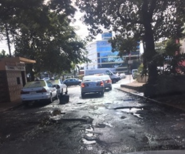 Transitada calle, minada de baches