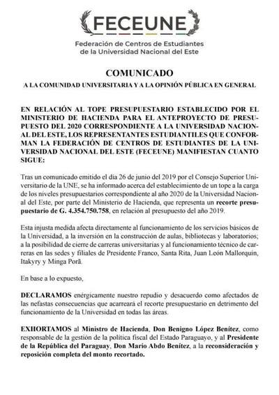 Estudiantes de la UNE repudian recorte presupuestario para el 2020