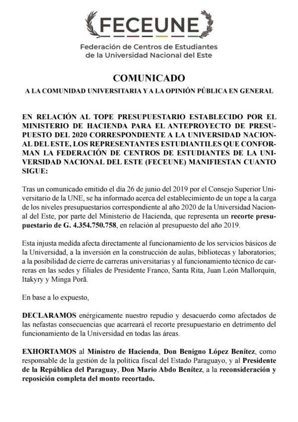 Estudiantes de la UNE repudian recorte presupuestario para el 2020
