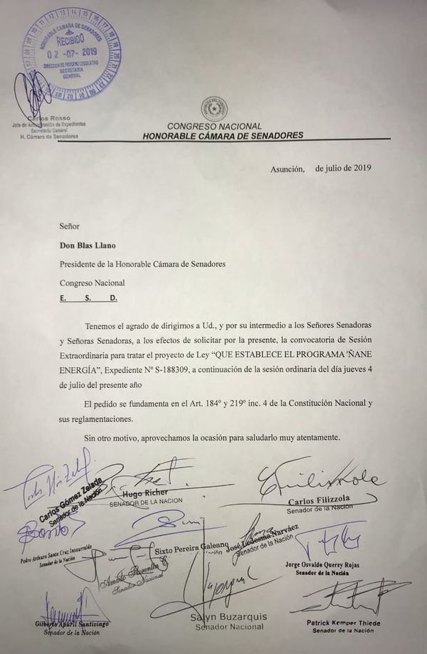 Piden sesión extra en el Senado para tratar el proyecto de ley “Ñane energía” - Nacionales - ABC Color