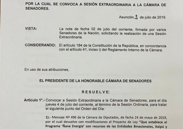 Convocan a extraordinaria para tratar ley «Ñane Energía»