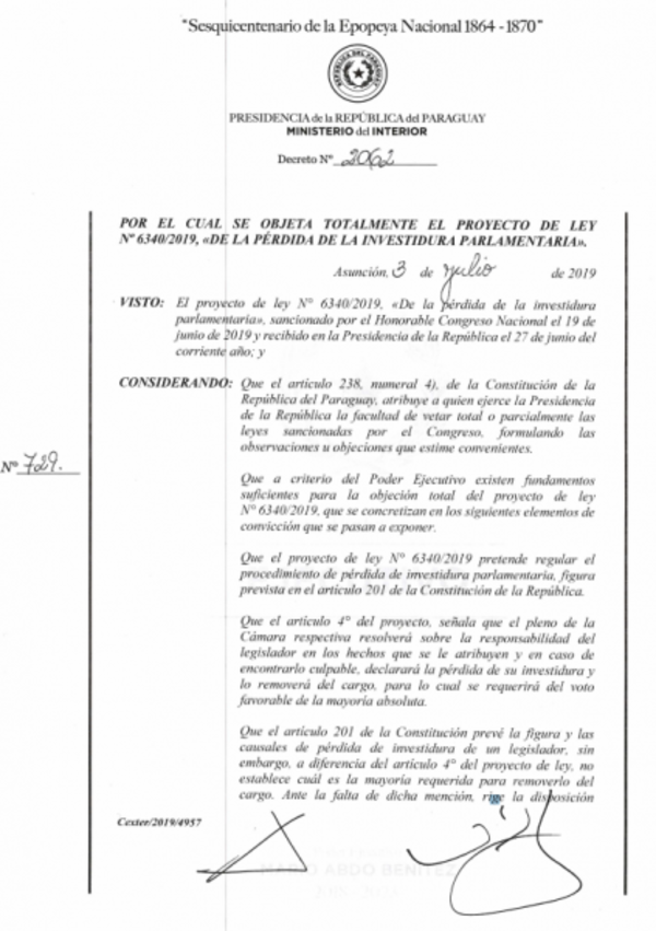 Ejecutivo veta proyecto que establece mayoría absoluta para pérdida de investidura de parlamentarios