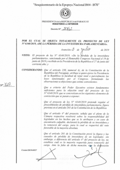 Ejecutivo veta proyecto de pérdida de investidura de parlamentarios - .::RADIO NACIONAL::.