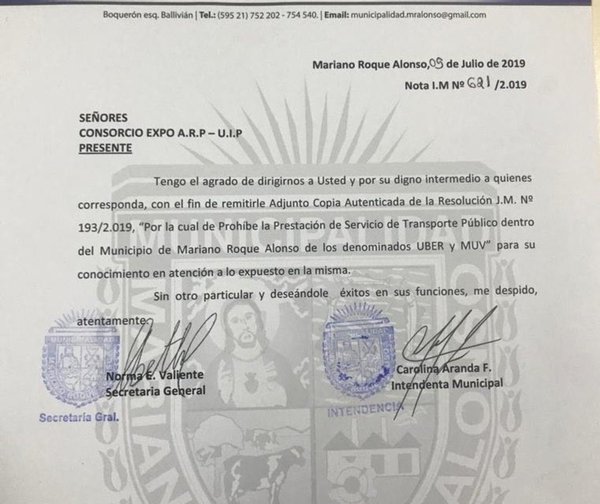 Mariano Roque Alonso prohíbe MUV y UBER