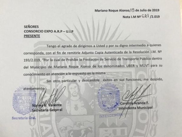 Prohíben a UBER y MUV prestar servicio en Mariano Roque Alonso