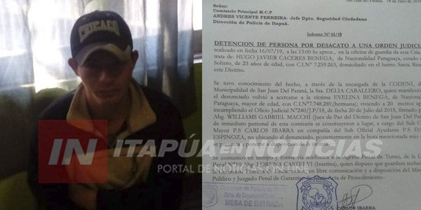 POR DESACATO FUE DETENIDO UN JOVEN EN SAN JUAN DEL PARANÁ.