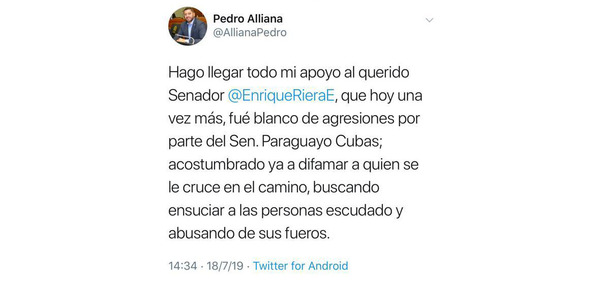 Presidente de Diputados se solidariza con el senador Enrique Riera - ADN Paraguayo