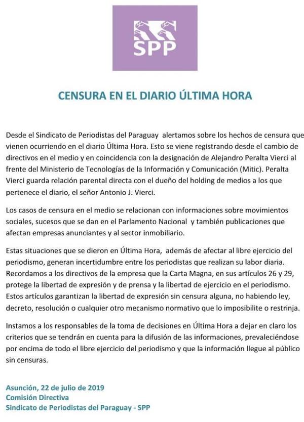 Denuncian nuevo caso de censura en el diario Última Hora - ADN Paraguayo